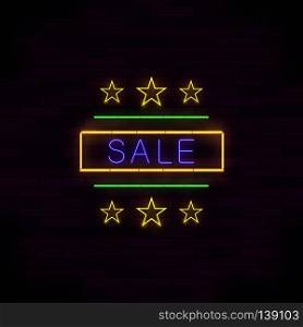 Yellow Neon Sale Sign with Round Frame and Stars on Brick Background. Yellow Neon Sale Sign with Round Frame and Stars