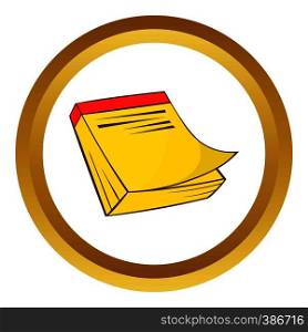 Yellow notebook vector icon in golden circle, cartoon style isolated on white background. Yellow notebook vector icon