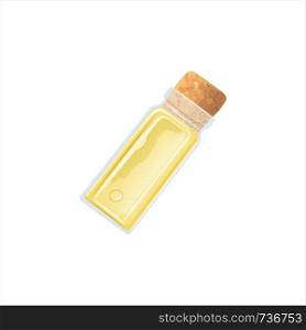Yellow Oil empty phial with cork, tranparent icy-white vial, scent bottle, medicine bottle, jar. For drugs, pills, medicine, aromatherapy, cosmetics, perfume, Flask print poster label tag copy space. Yellow Oil empty phial with cork, tranparent icy-white vial, scent bottle, medicine bottle, jar.