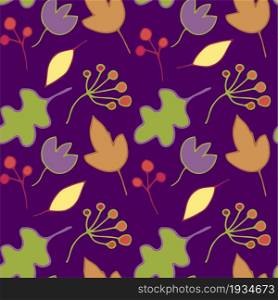 Yellow orange green leaves red berry on violet seamless pattern art design elements stock vector illustration