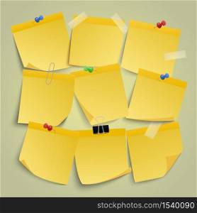 Yellow paper notes. Note memo stickers, remind sticky business paper, notice post it pin note isolated vector illustration icons set. Memo office with pin, post sticky yellow. Yellow paper notes. Note memo stickers, remind sticky business paper, notice post it pin note isolated vector illustration icons set