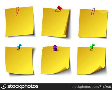 Yellow paper notes. Top view note sticker or office sticky paper notice memo reminder sheet. Remind papers notes isolated icons vector set. Yellow paper notes. Top view note sticker vector set