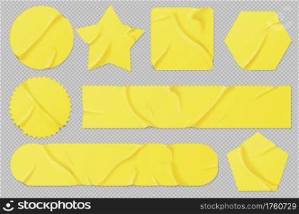 Yellow paper or pvc stickers, adhesive patches and tapes. Blank crumpled labels different shapes. Vector realistic set of sticky tags and labels with folds isolated on transparent background. Yellow paper stickers, adhesive patches and tapes