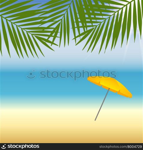 Yellow parasol at the beach under palm trees. Vector illustration