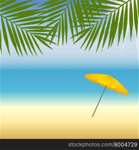 Yellow parasol at the beach under palm trees. Vector illustration
