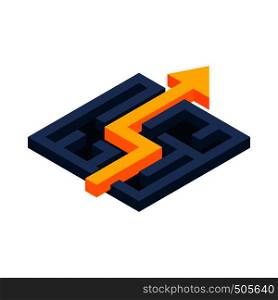Yellow path with arrow across labyrinth icon in isometric 3d style on a white background. Yellow path with arrow across labyrinth icon