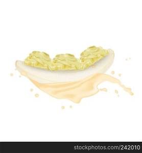 Yellow Peeled Banana without skin. Realistic 3d Banana Juice Splash Cream. Detailed 3d Illustration Isolated On White. Design Element For Web Or Print Packaging. Vector Illustration.