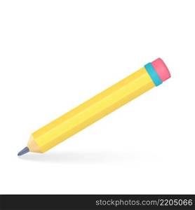 Yellow Pencil 3D render model icon. Graphic concept for your design. Embedded pink eraser for deleting errors. vector illustration.. Pencil 3D render model