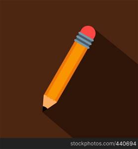 Yellow pencil with eraser icon. Flat illustration of yellow pencil with eraser vector icon for web on coffee background. Yellow pencil with eraser icon, flat style