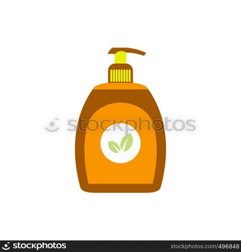 Yellow plastic bottle with liquid soap flat icon isolated on white background. Yellow plastic bottle with liquid soap flat icon