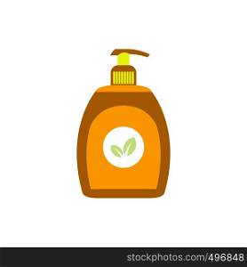 Yellow plastic bottle with liquid soap flat icon isolated on white background. Yellow plastic bottle with liquid soap flat icon