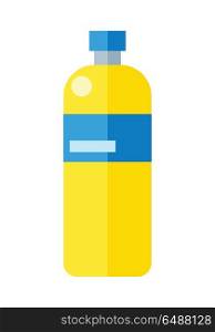 Yellow Plastic Bottle. Yellow plastic bottle with blue label. Illustration of bottle of mineral water. Plastic bottle icon. Retail store element. Simple drawing. Isolated vector illustration on white background.