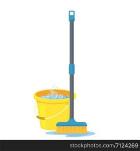Yellow plastic bucket and a cleaning mop, vector illustration