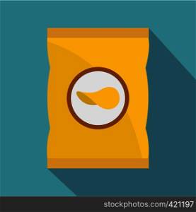 Yellow pouch of potato chips icon. Flat illustration of yellow pouch of potato chips vector icon for web isolated on baby blue background. Yellow pouch of potato chips icon, flat style