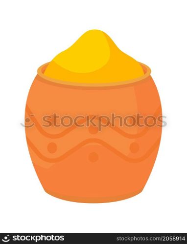 Yellow powder paint in bowl semi flat color vector object. Realistic item on white. Supply for Holi festival celebration isolated modern cartoon style illustration for graphic design and animation. Yellow powder paint in bowl semi flat color vector object
