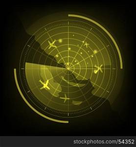 Yellow radar screen with airplane and map, stock vector