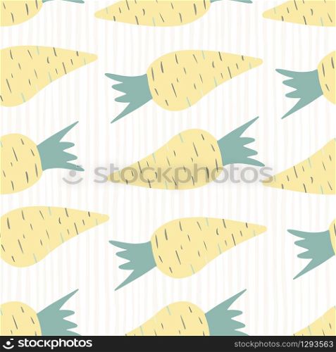 Yellow radish root seamless pattern on stripes background. Creative turnip wallpaper in doodle style. Design for fabric, textile print, wrapping paper, kitchen textiles. Vector illustration. Yellow radish root seamless pattern on stripes background.