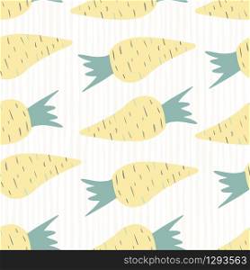 Yellow radish root seamless pattern on stripes background. Creative turnip wallpaper in doodle style. Design for fabric, textile print, wrapping paper, kitchen textiles. Vector illustration. Yellow radish root seamless pattern on stripes background.