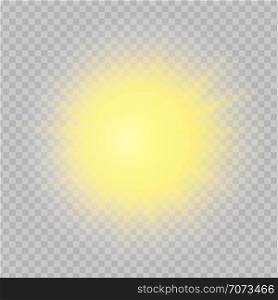 Yellow realistic sun with nice rays, light, flare and shine isolated on transparent background. Vector glowing effect design.