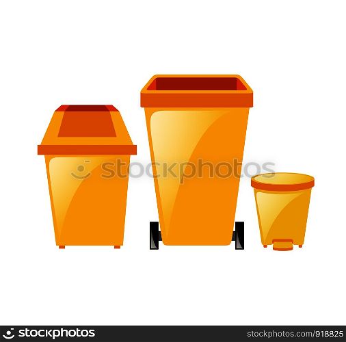 Yellow Recycling Bin Bucket Vector For Plastic Trash. Opened And Closed. Front View. Sign Arrow. Isolated Illustration