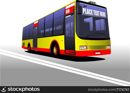 Yellow-red of City bus on the road. Coach. Vector illustration