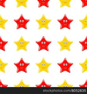 Yellow Red Star Seamless Pattern. Smiling Star Isolated on White Background. Yellow Red Smiling Star Seamless Pattern