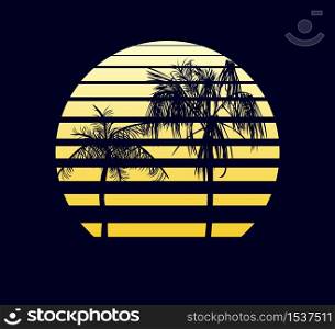 Yellow retro sunset. Two palm trees against background of an abstract setting sun in strip electronic synthwave design in style of 80 fantastic musical grid of futuristic vector landscape.. Yellow retro sunset. Two palm trees against background of an abstract setting sun.