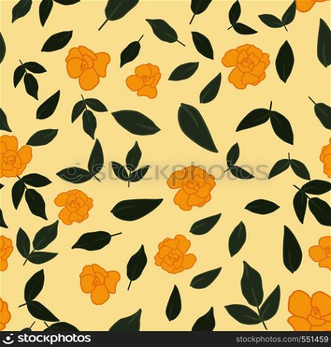 Yellow roses flowers and green leaves seamless pattern on the light yellow background. Vlat vector composition