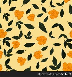 Yellow roses flowers and green leaves seamless pattern on the light yellow background. Vlat vector composition
