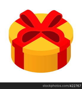 Yellow round gift box with burgundy red ribbon and bow isolated on a white. Round gift isometric 3d icon