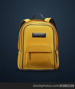 Yellow school bag isolated on dark background. Vector 3d illustration. School backpack. Orange rucksack. Educational concept. Yellow school bag isolated on dark background. Vector 3d illustration.