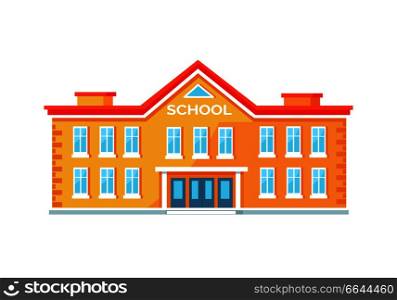 Yellow school building with entrance in middle with wide amount of windows and red roof. Vector illustration isolated on white background. Colorful Brick School Building Vector Illustration