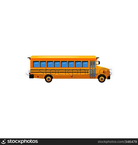 Yellow school bus icon in cartoon style on a white background. Yellow school bus icon, cartoon style