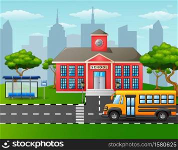 Yellow school bus in front of school building