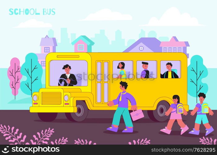 Yellow school bus takes kids schoolchildren to college funny flat composition with trees cityscape background vector illustration