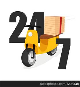 Yellow scooter pizza fast food 24 7 restaurant delivery vector flat isolated illustration.