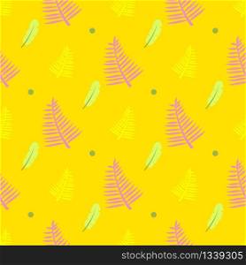 Yellow Seamless Pattern with Feathers, Dots and Fern Leaves. Repeatable Creative Design. Advertisement Template, Printable Background, Gift Wrapping Material. Abstract Vector. Flat Illustration. Yellow Seamless Pattern with Feathers, Fern Leaves