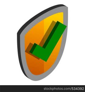 Yellow security shield with green tick icon in isometric 3d style on a white background. Yellow security shield with green tick icon