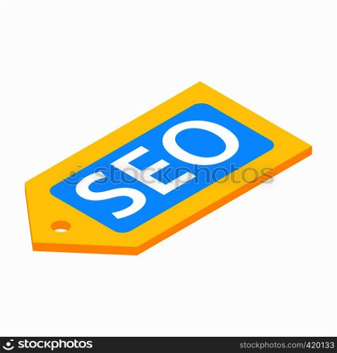 Yellow SEO label isometric 3d icon on a white background. Yellow SEO label isometric 3d icon