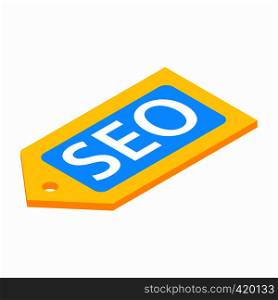 Yellow SEO label isometric 3d icon on a white background. Yellow SEO label isometric 3d icon