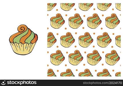 Yellow Set of element and seamless pattern. Ideal for children&rsquo;s clothing. Sweet pastries. Cupcake, muffin. Can be used for fabric, wrapping and etc. Cupcake, muffin. Set of element and seamless pattern