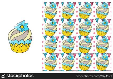 Yellow Set of element and seamless pattern. Ideal for children&rsquo;s clothing. Sweet pastries. Cupcake, muffin. Can be used for fabric, packaging, wrapping and etc. Cupcake, muffin. Set of element and seamless pattern