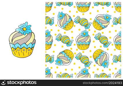 Yellow Set of element and seamless pattern. Ideal for children&rsquo;s clothing. Sweet pastries. Cupcake, muffin. Can be used for fabric, packaging, wrapping paper and etc. Cupcake, muffin. Set of element and seamless pattern