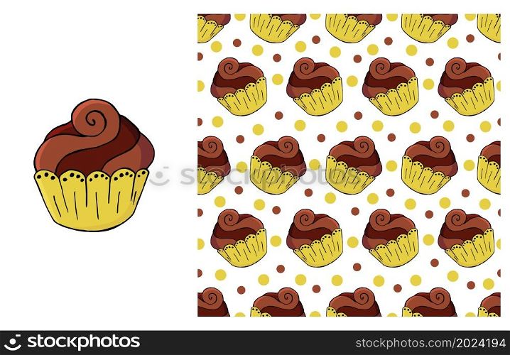 Yellow Set of element and seamless pattern. Ideal for children&rsquo;s clothing. Sweet pastries. Cupcake, muffin. Can be used for fabric. Cupcake, muffin. Set of element and seamless pattern