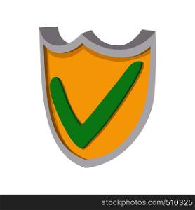 Yellow shield with green tick icon in cartoon style on a white background. Yellow shield with green tick icon, cartoon style