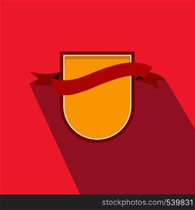 Yellow shield with red ribbon icon in flat style on a pink background. Yellow shield with red ribbon icon, flat style