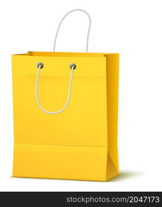 Yellow shopping bag mockup. Realistic purchase package template isolated on white background. Yellow shopping bag mockup. Realistic purchase package template