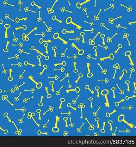 Yellow Silhouettes of Key Isolated on Blue Background. Seamless Gold Keys Pattern. Seamless Gold Keys Pattern