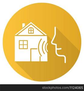 Yellow smart home control flat design long shadow glyph icon. Voice management idea. Distant command. Speech, soundwave. Innovative technology, automation system. Vector silhouette illustration