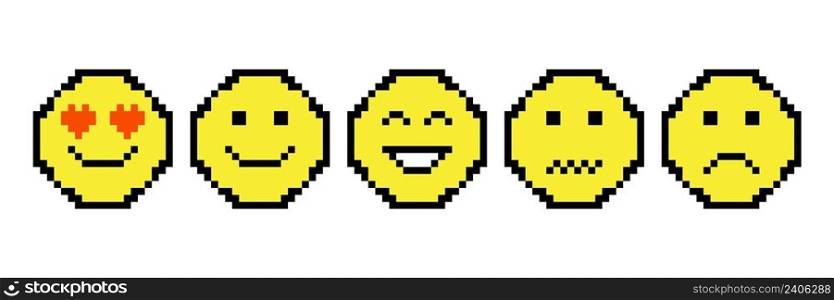 Yellow smileys pixel in retro style on white background. Happy face. Vector illustration. stock image. EPS 10. . Yellow smileys pixel in retro style on white background. Happy face. Vector illustration. stock image. 